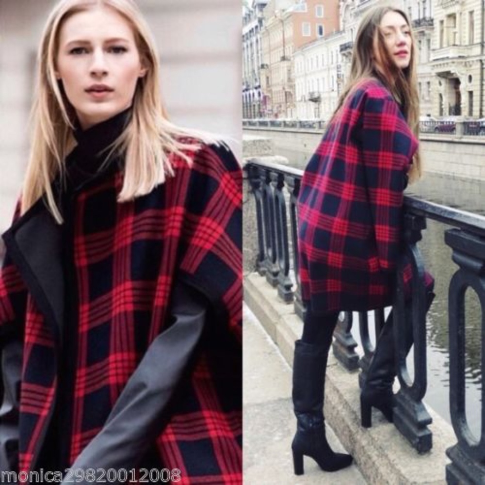 ZARA Woman Studio PLAID Check Tartan Cape Coat Med